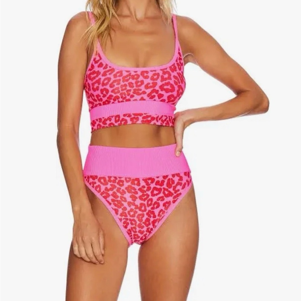 Beach Riot Hot Pink Eva Bikini Top Leopard